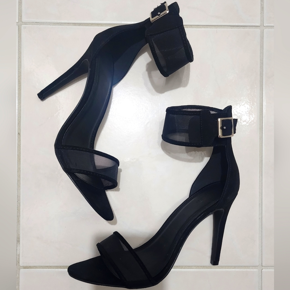 FOREVER 21 Black Suede Mesh Ankle Strap Sandal Heels Size 8 US/ 39 EU